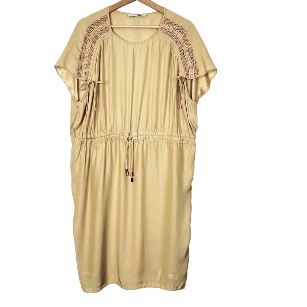 Uterque Silk Drawstring Crochet Sleeve Sheath Dress